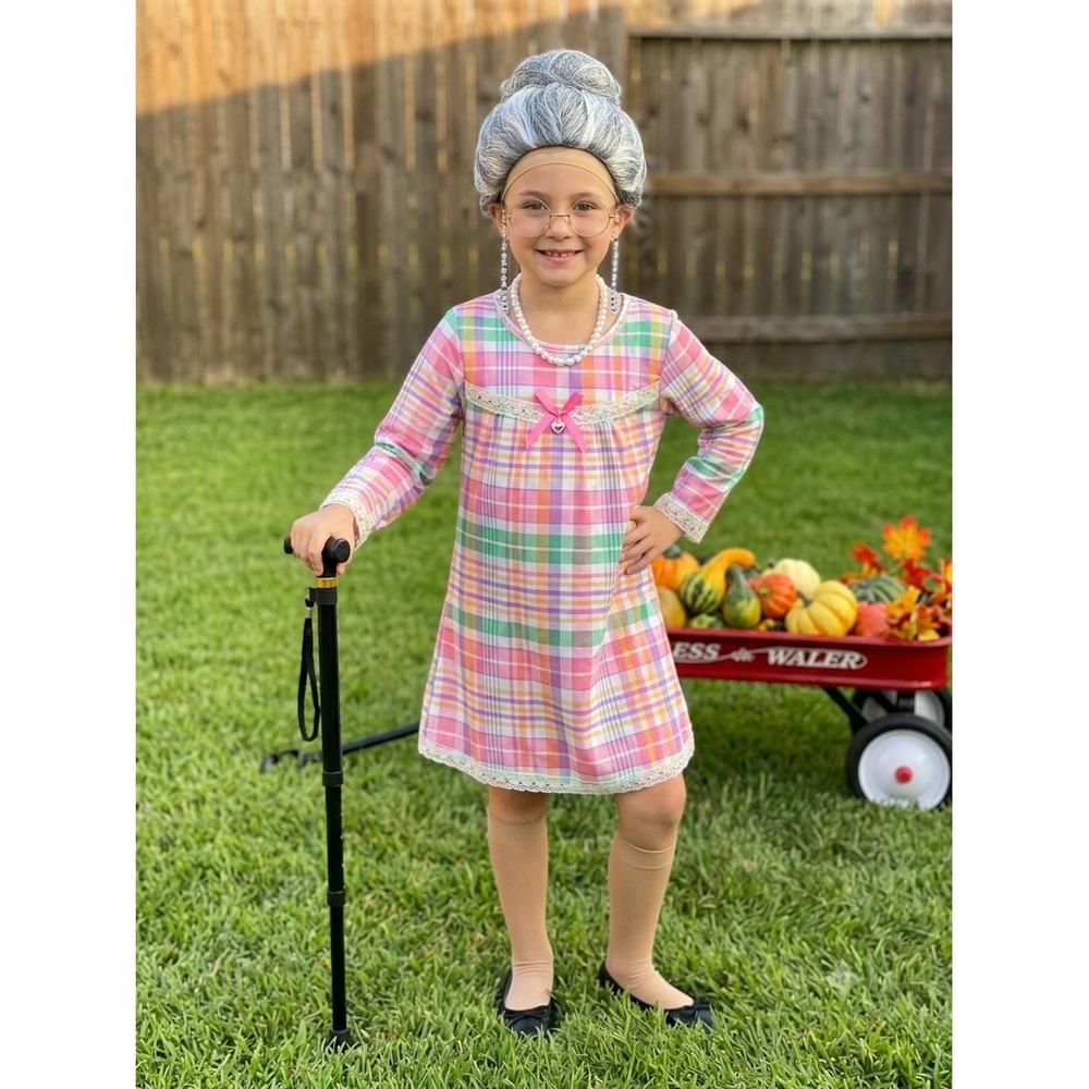 Old Lady Costume Girls 100th Day of School Plaid Dress Wig Cane Glasses Set Sz 4